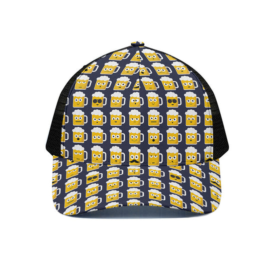 Beer Emoji Pattern Print Black Mesh Trucker Cap