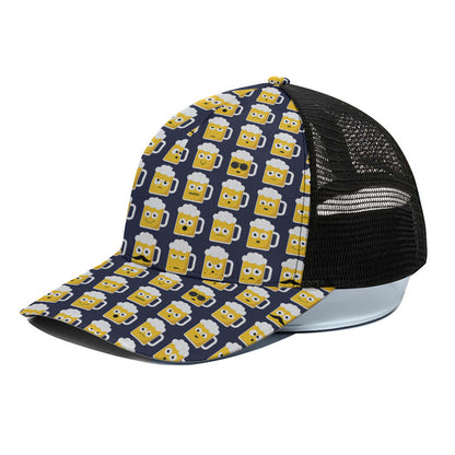 Beer Emoji Pattern Print Black Mesh Trucker Cap