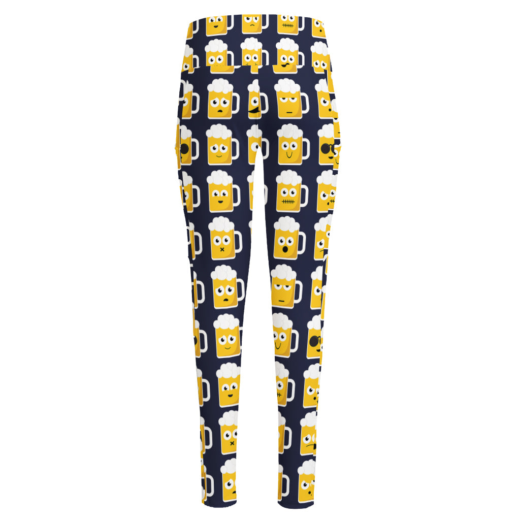 Beer Emoji Pattern Print High-Waisted Pocket Leggings