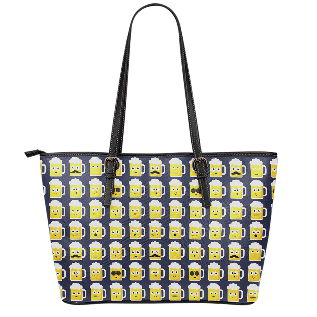 Beer Emoji Pattern Print Leather Tote Bag