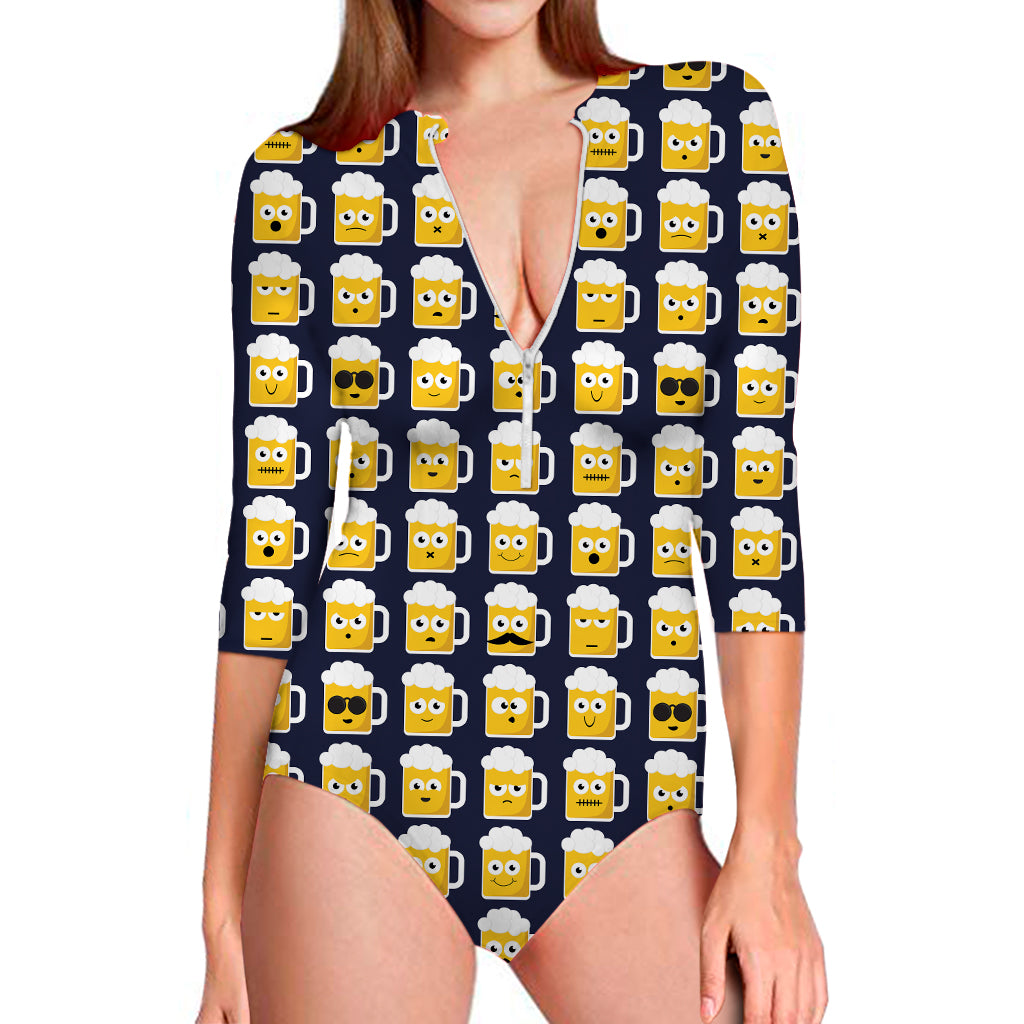 Beer Emoji Pattern Print Long Sleeve Swimsuit