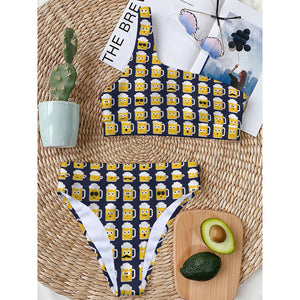 Beer Emoji Pattern Print One Shoulder Bikini Top