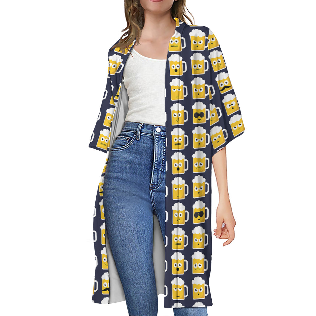 Beer Emoji Pattern Print Open Front Beach Cover Up