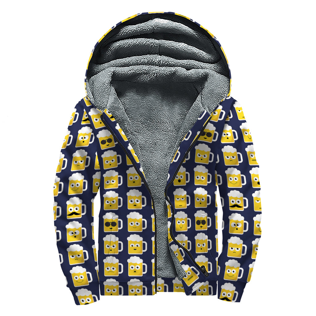 Beer Emoji Pattern Print Sherpa Lined Zip Up Hoodie