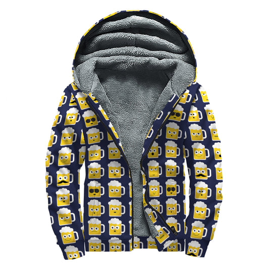 Beer Emoji Pattern Print Sherpa Lined Zip Up Hoodie