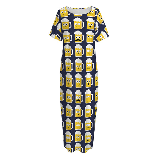 Beer Emoji Pattern Print Short Sleeve Long Nightdress