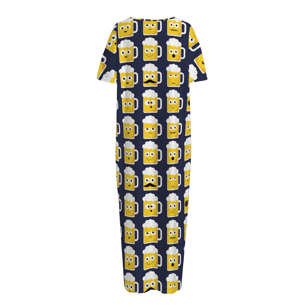 Beer Emoji Pattern Print Short Sleeve Long Nightdress