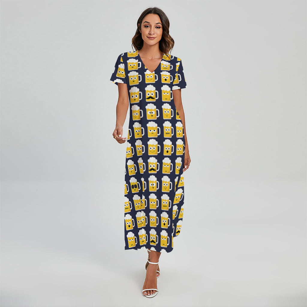 Beer Emoji Pattern Print Short Sleeve Maxi Dress