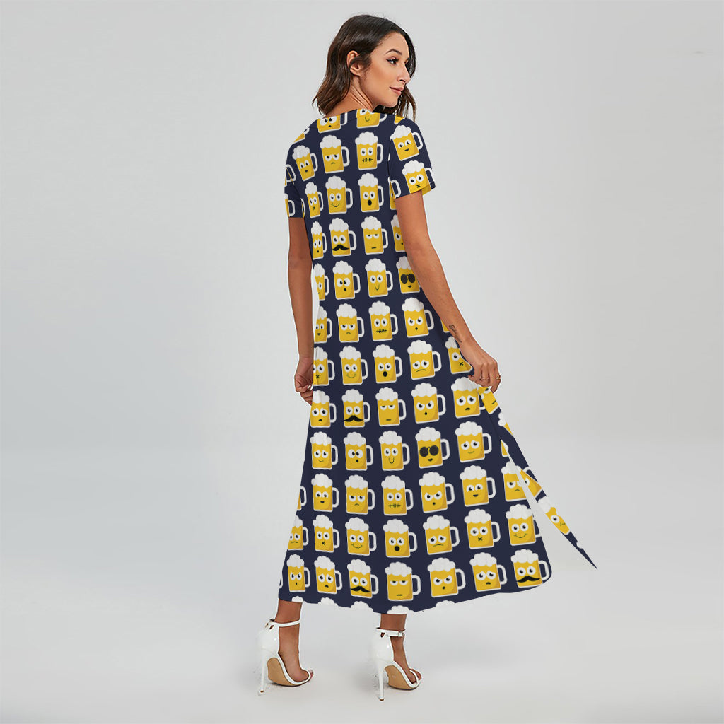 Beer Emoji Pattern Print Short Sleeve Maxi Dress