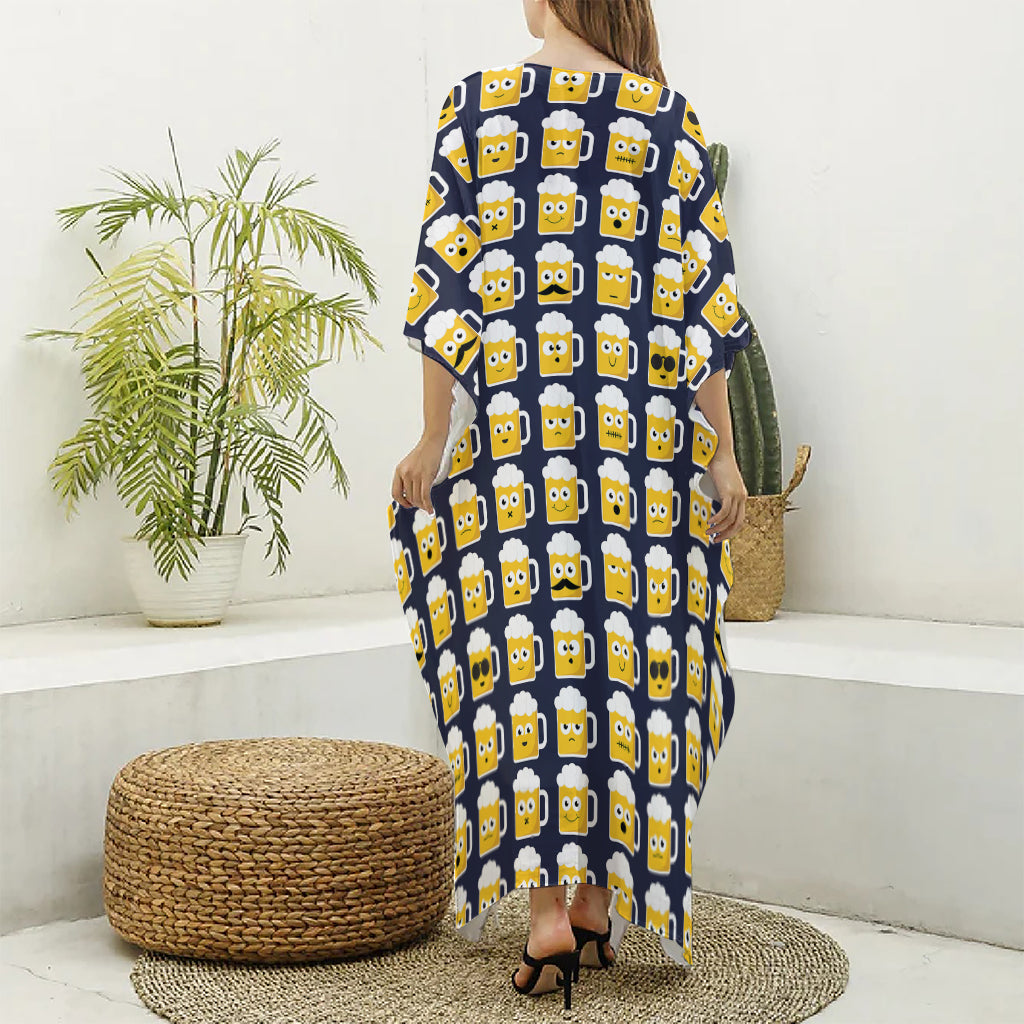 Beer Emoji Pattern Print Silk V-Neck Kaftan Dress