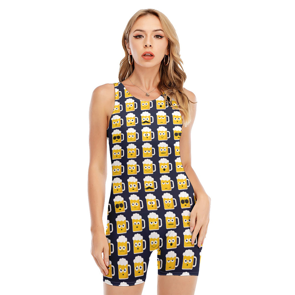 Beer Emoji Pattern Print Sleeveless One Piece Swimsuit