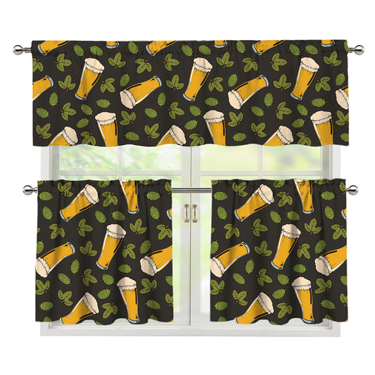 Beer Hop Cone And Leaf Pattern Print 3 Piece Kitchen Curtains