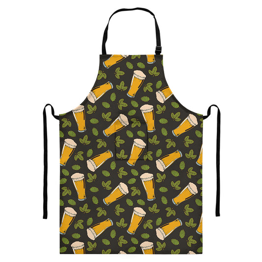 Beer Hop Cone And Leaf Pattern Print Bib Apron With Pocket