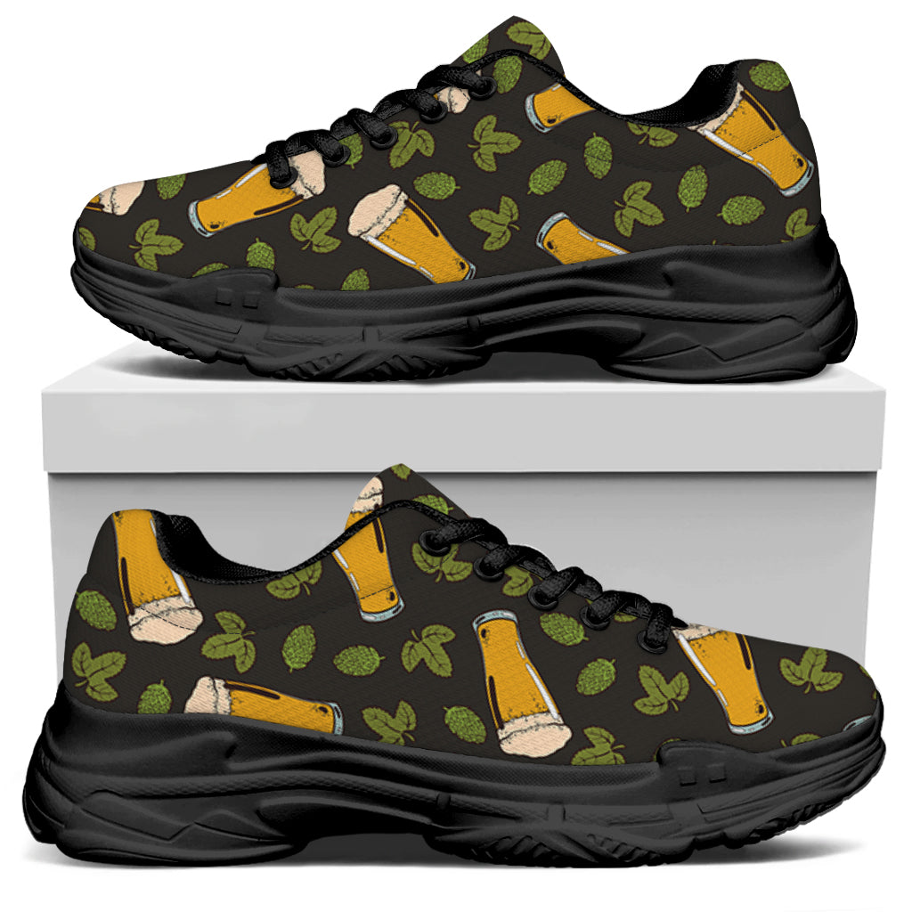 Beer Hop Cone And Leaf Pattern Print Black Chunky Shoes