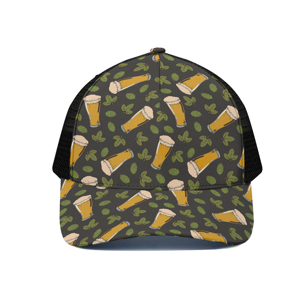 Beer Hop Cone And Leaf Pattern Print Black Mesh Trucker Cap