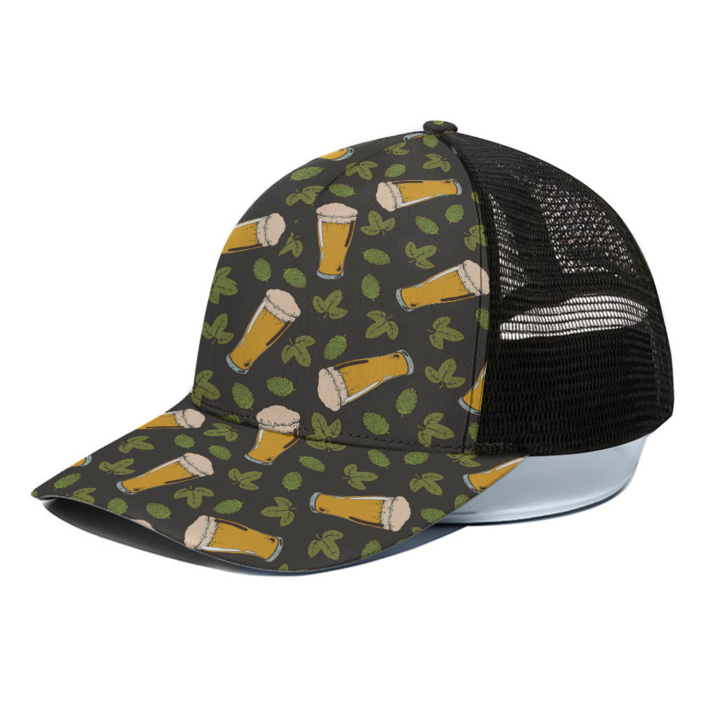 Beer Hop Cone And Leaf Pattern Print Black Mesh Trucker Cap