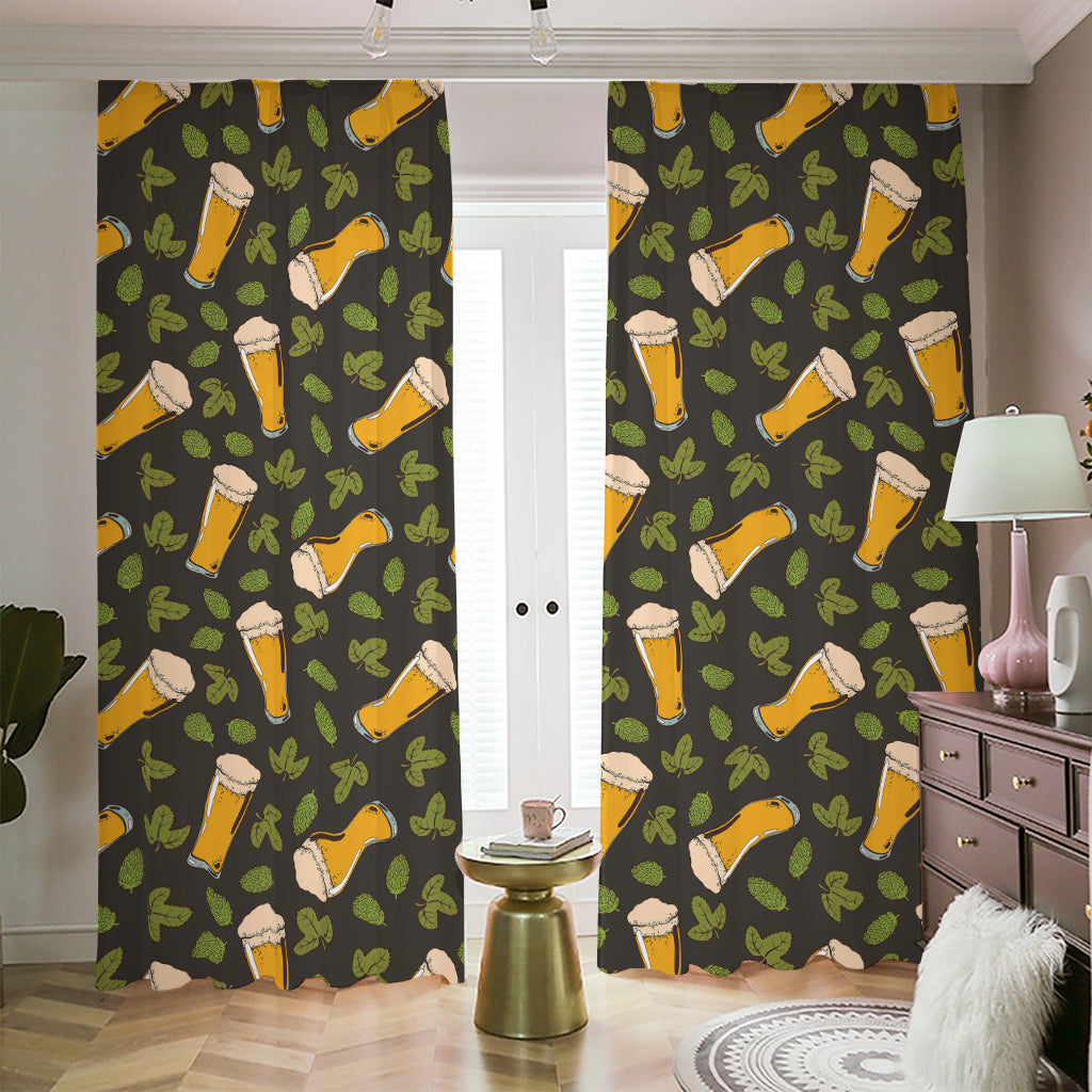 Beer Hop Cone And Leaf Pattern Print Blackout Pencil Pleat Curtains