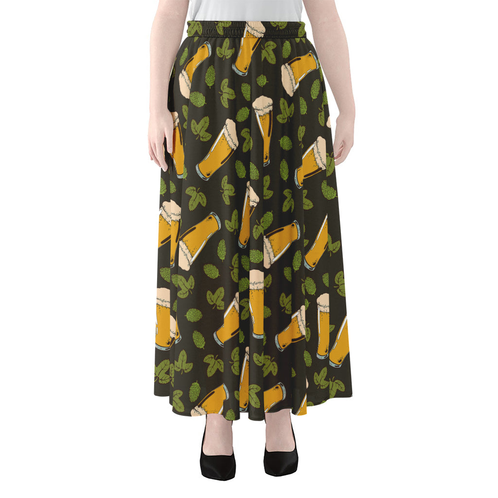 Beer Hop Cone And Leaf Pattern Print Chiffon Maxi Skirt