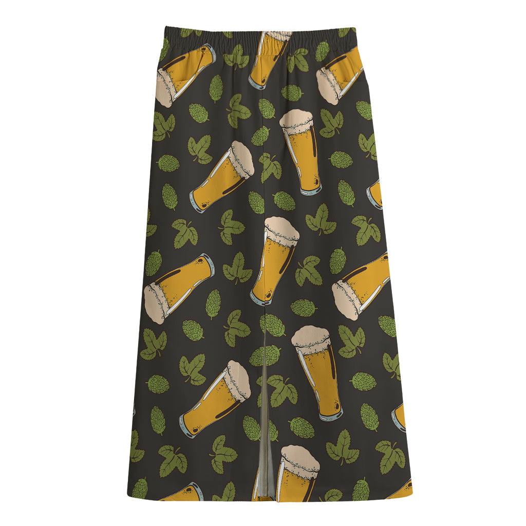 Beer Hop Cone And Leaf Pattern Print Cotton Front Slit Maxi Skirt