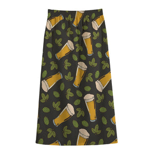 Beer Hop Cone And Leaf Pattern Print Cotton Front Slit Maxi Skirt