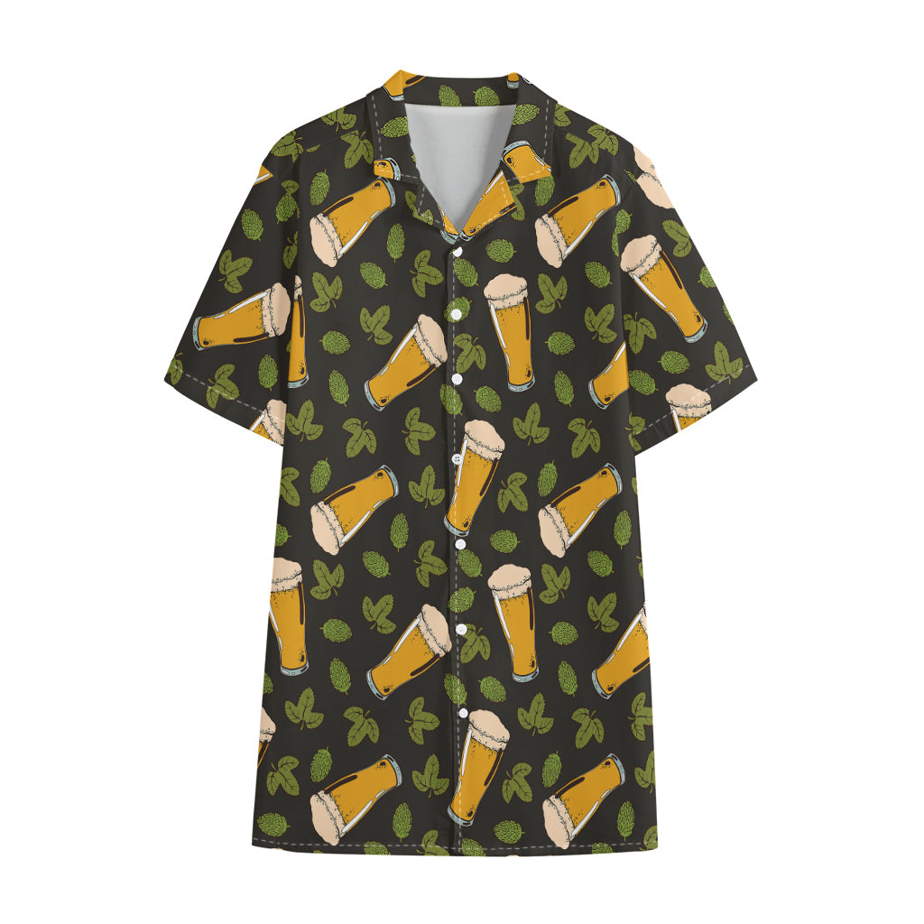 Beer Hop Cone And Leaf Pattern Print Cotton Hawaiian Shirt