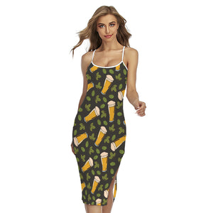 Beer Hop Cone And Leaf Pattern Print Cross Back Cami Dress