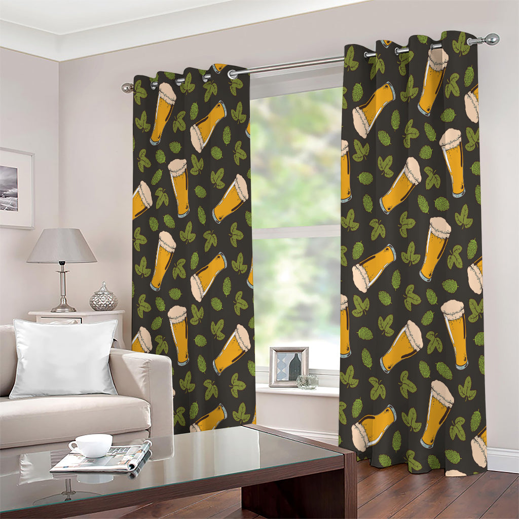 Beer Hop Cone And Leaf Pattern Print Extra Wide Grommet Curtains