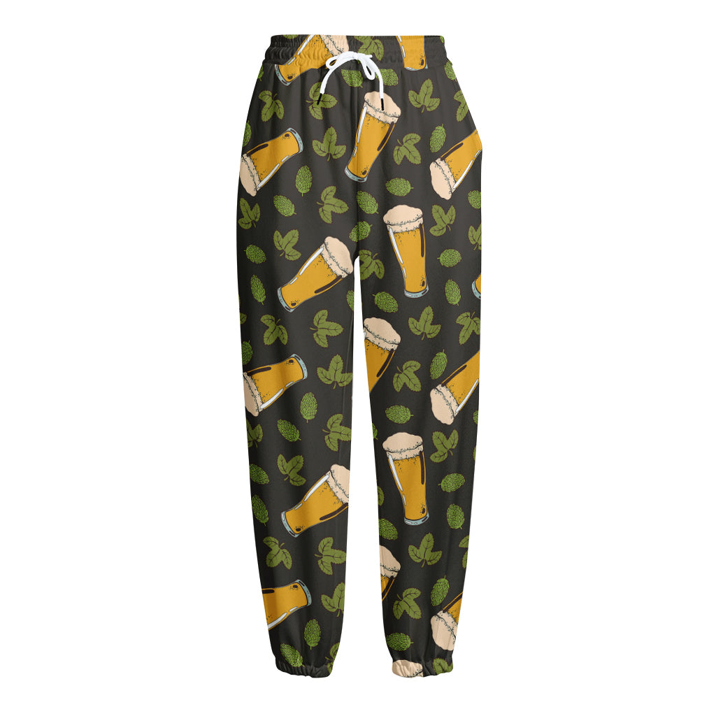 Beer Hop Cone And Leaf Pattern Print Fleece Lined Knit Pants