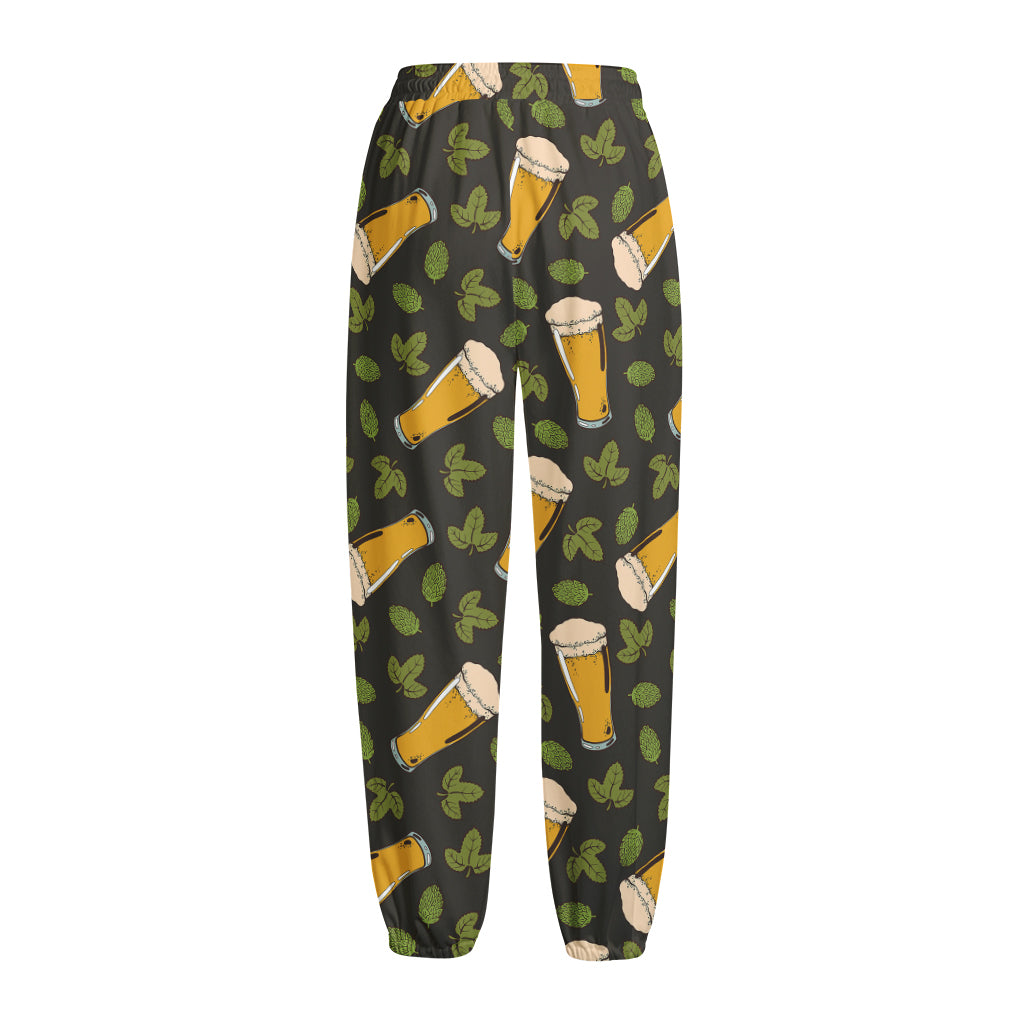 Beer Hop Cone And Leaf Pattern Print Fleece Lined Knit Pants