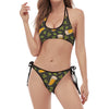 Beer Hop Cone And Leaf Pattern Print Halter Scoop Tie Side Bikini