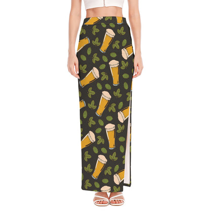 Beer Hop Cone And Leaf Pattern Print High Slit Maxi Skirt