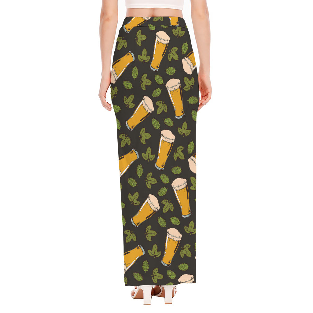 Beer Hop Cone And Leaf Pattern Print High Slit Maxi Skirt