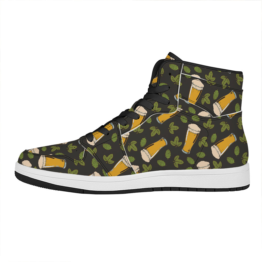 Beer Hop Cone And Leaf Pattern Print High Top Leather Sneakers