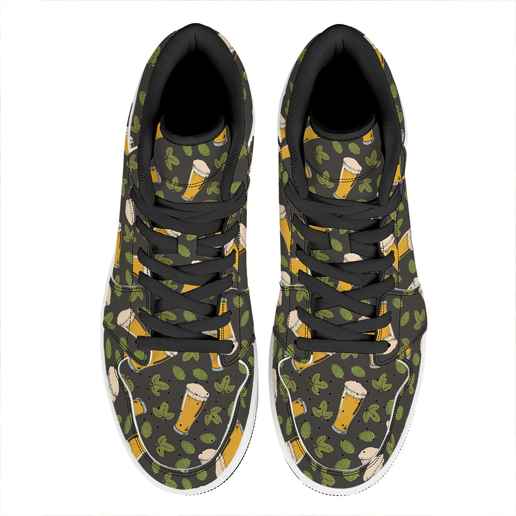 Beer Hop Cone And Leaf Pattern Print High Top Leather Sneakers