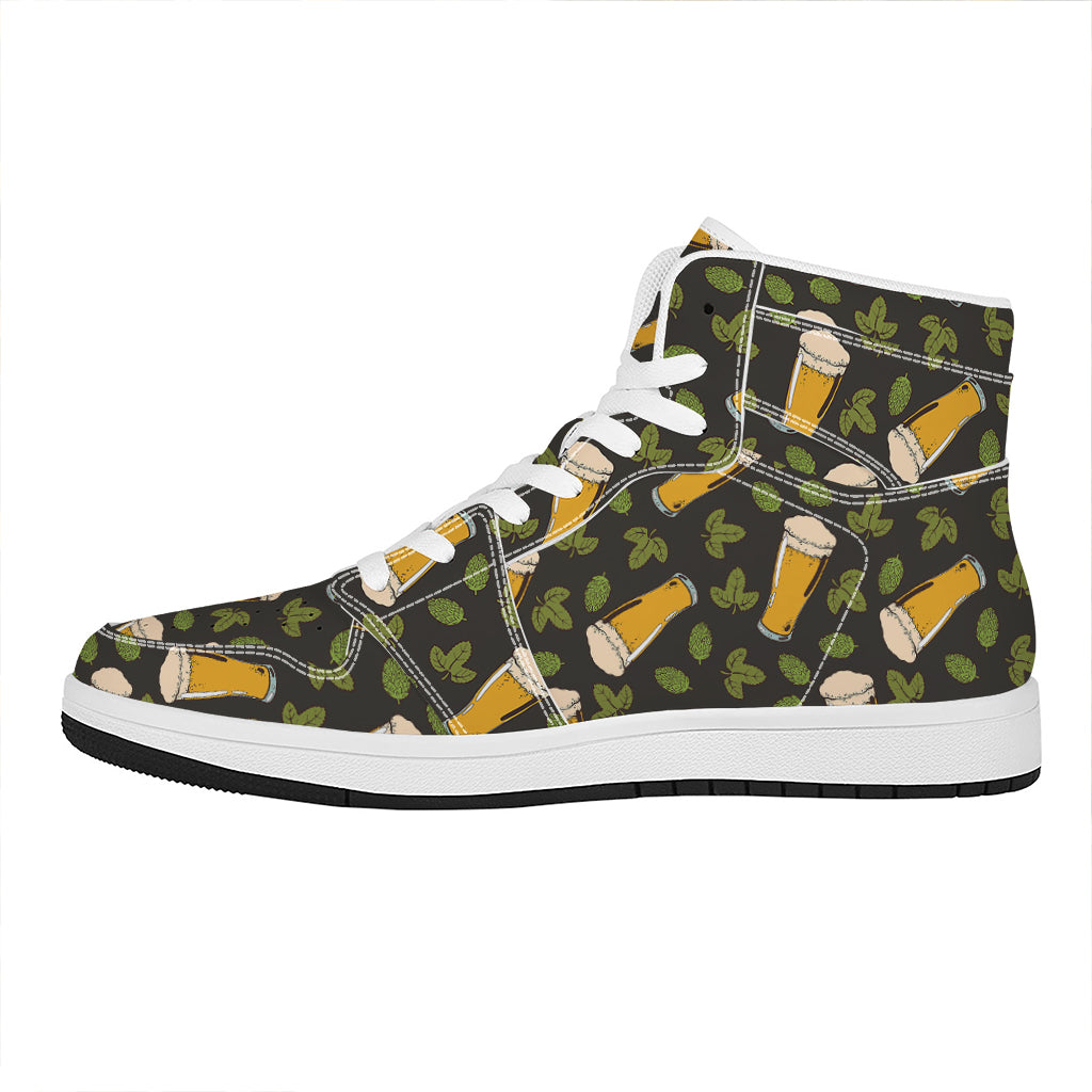 Beer Hop Cone And Leaf Pattern Print High Top Leather Sneakers