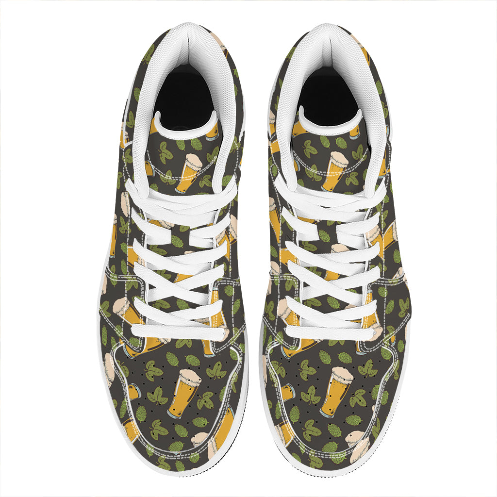 Beer Hop Cone And Leaf Pattern Print High Top Leather Sneakers