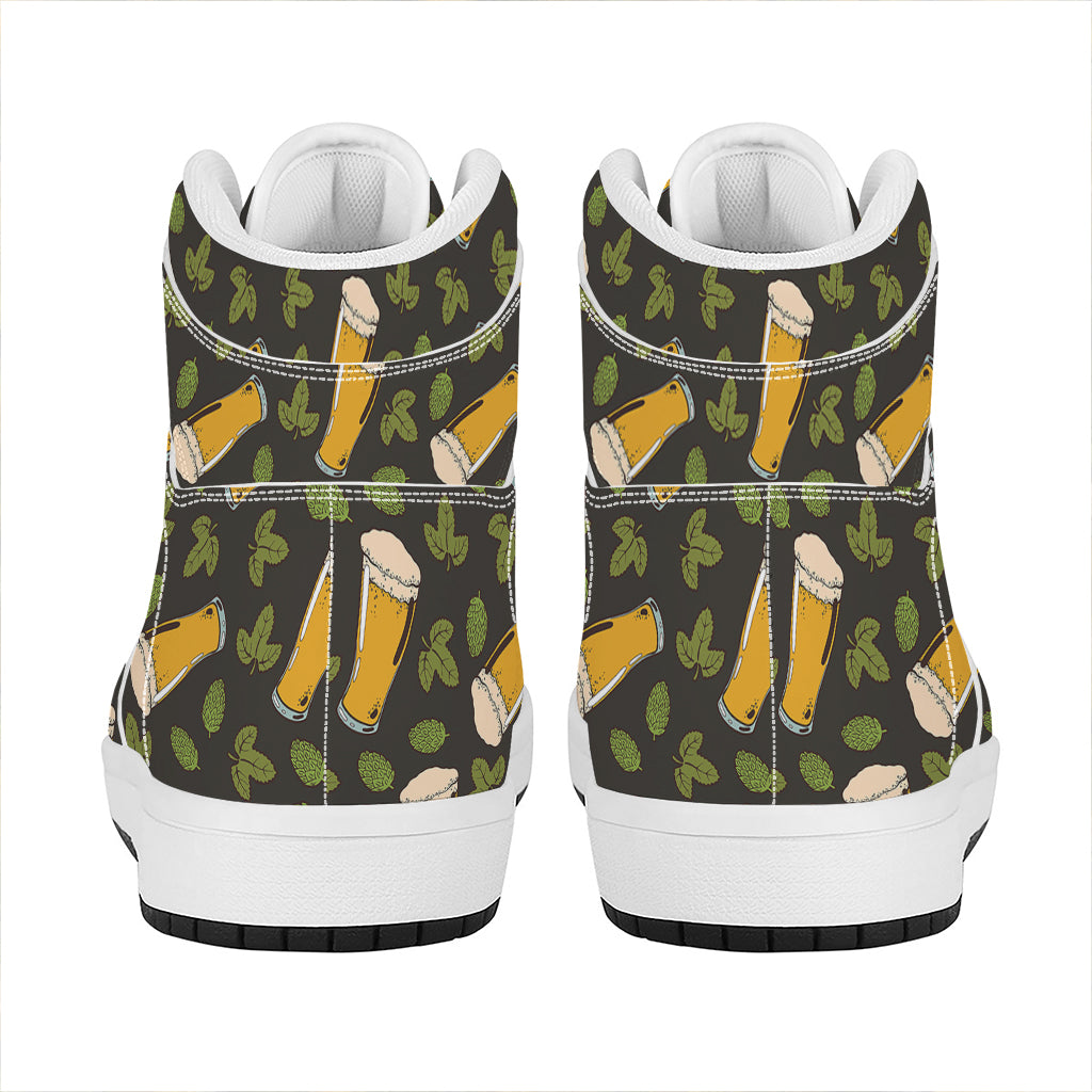 Beer Hop Cone And Leaf Pattern Print High Top Leather Sneakers