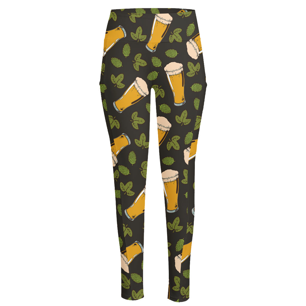 Beer Hop Cone And Leaf Pattern Print High-Waisted Pocket Leggings