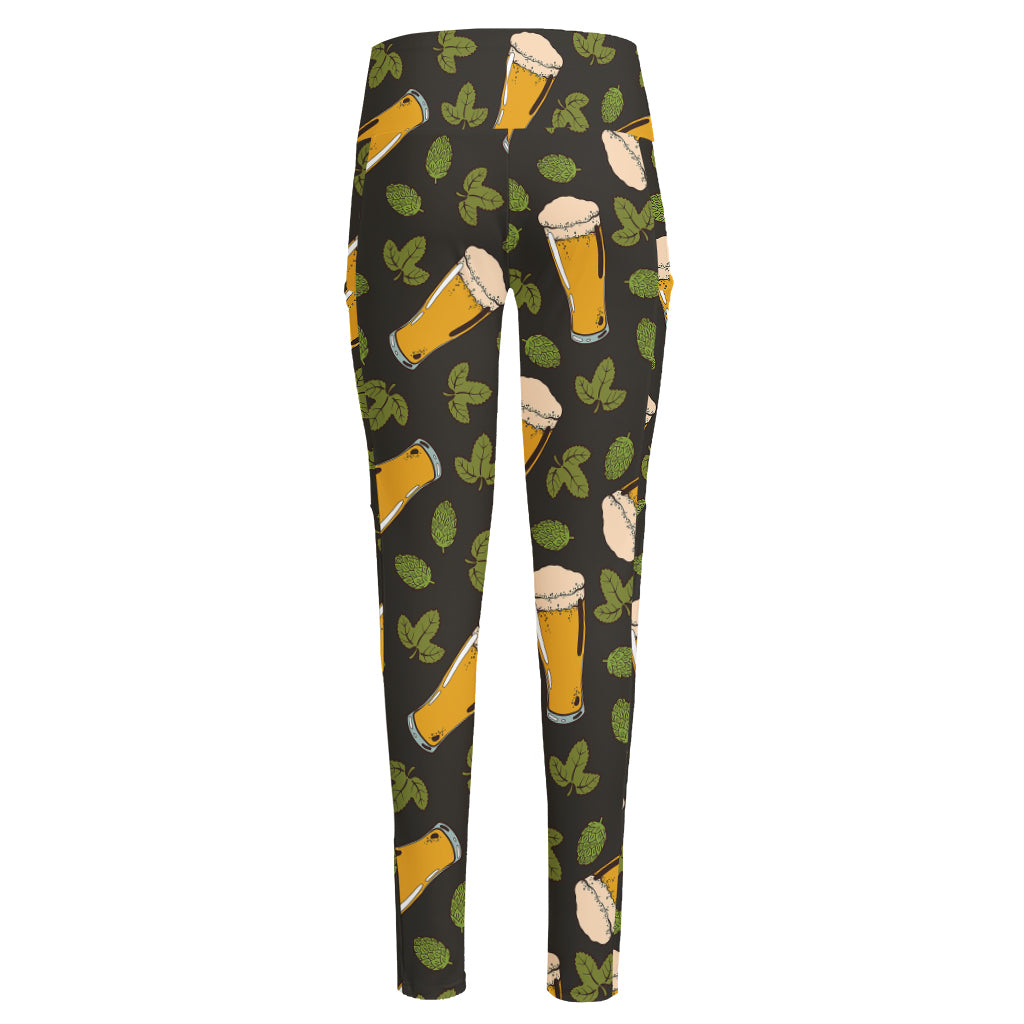 Beer Hop Cone And Leaf Pattern Print High-Waisted Pocket Leggings