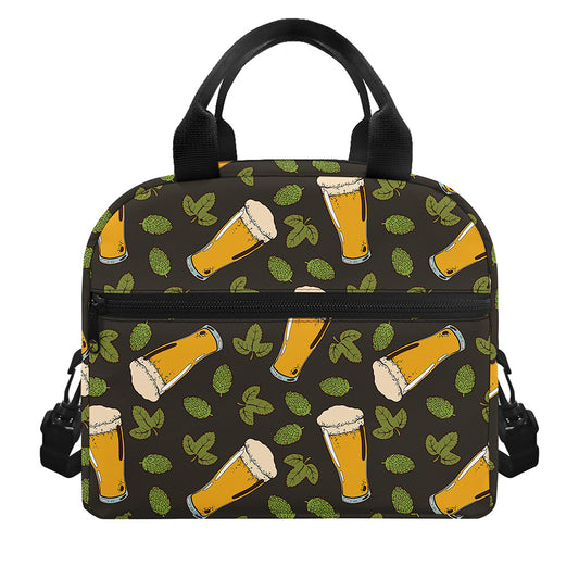 Beer Hop Cone And Leaf Pattern Print Insulated Lunch Bag
