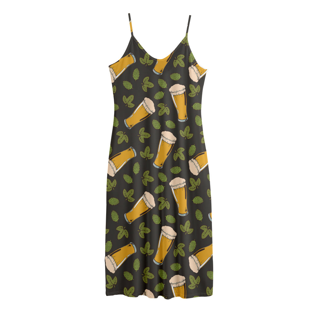 Beer Hop Cone And Leaf Pattern Print Jersey Midi Cami Dress