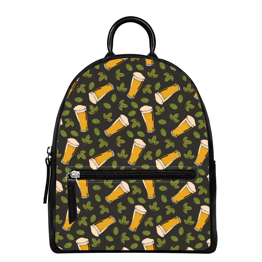 Beer Hop Cone And Leaf Pattern Print Leather Backpack