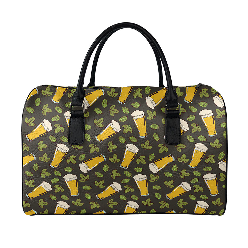 Beer Hop Cone And Leaf Pattern Print Leather Duffle Bag