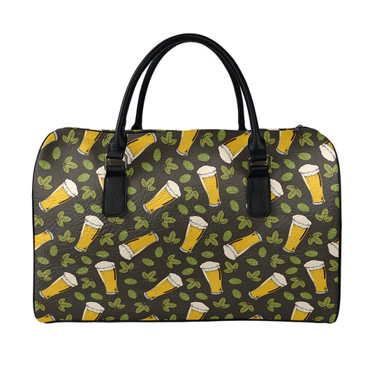 Beer Hop Cone And Leaf Pattern Print Leather Duffle Bag