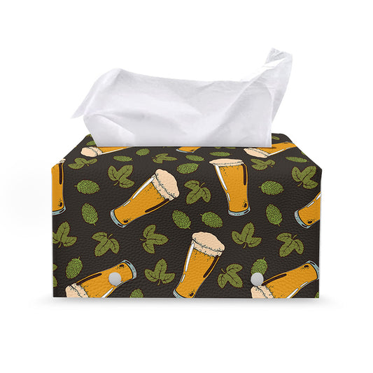Beer Hop Cone And Leaf Pattern Print Leather Tissue Box Cover