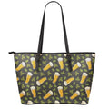 Beer Hop Cone And Leaf Pattern Print Leather Tote Bag With Zipper
