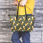 Beer Hop Cone And Leaf Pattern Print Leather Tote Bag