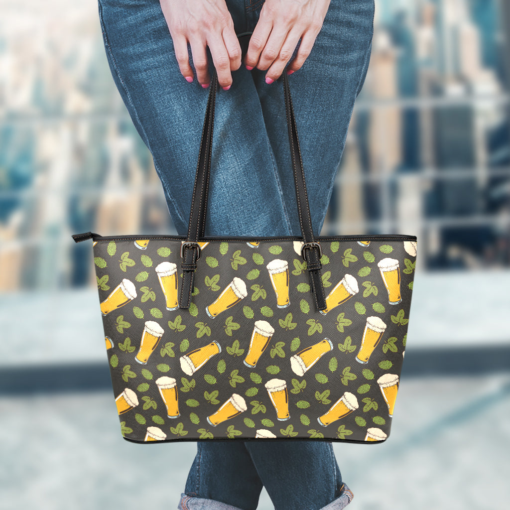 Beer Hop Cone And Leaf Pattern Print Leather Tote Bag
