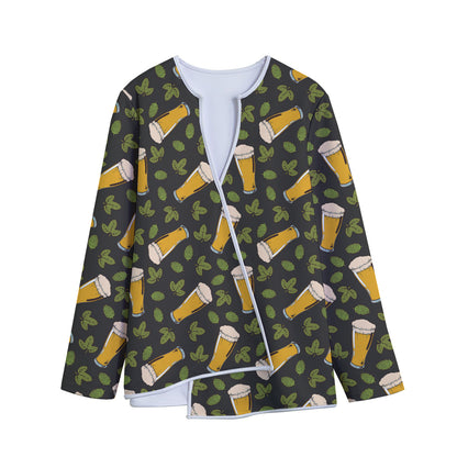 Beer Hop Cone And Leaf Pattern Print Long Sleeve Short Coat