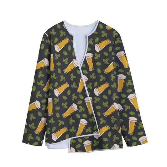 Beer Hop Cone And Leaf Pattern Print Long Sleeve Short Coat